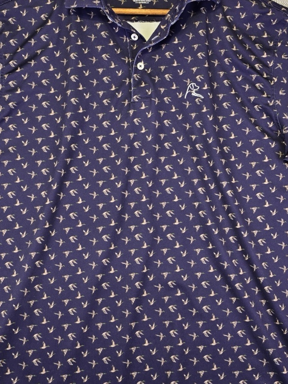 Rhoback Navy Polo with Light Tan Bird Print